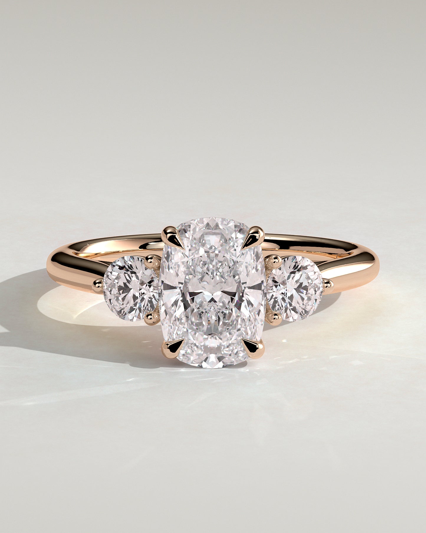 Charmaine - Elongated Cushion Claw Trilogy with Round Side Stones and Lily Detail Engagement Ring - Rose Gold - Rose Gold 2ct