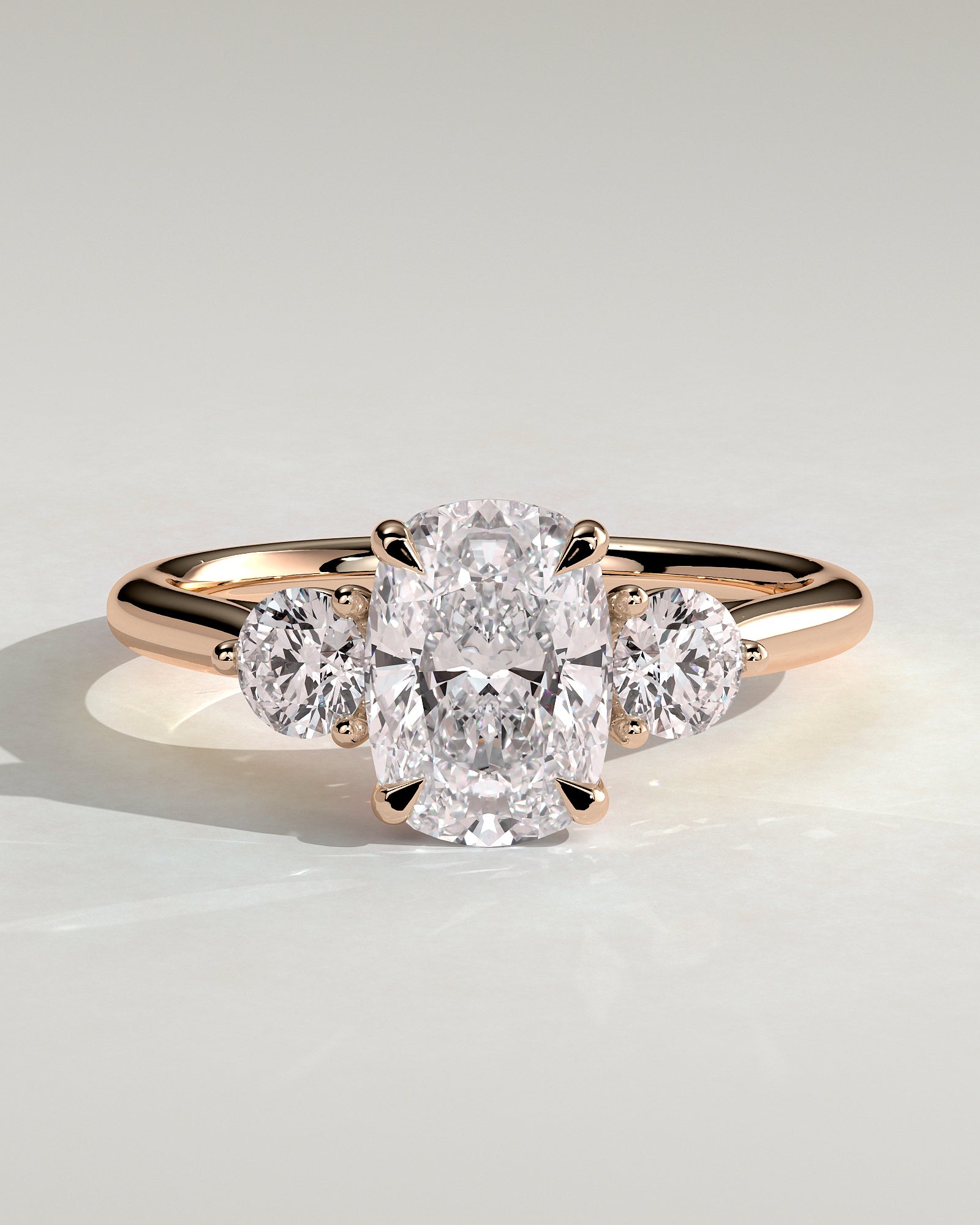 Charmaine - Elongated Cushion Claw Trilogy with Round Side Stones and Lily Detail Engagement Ring - Rose Gold - Rose Gold 2ct