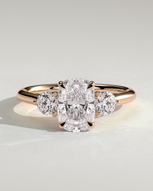 Charmaine - Elongated Cushion Claw Trilogy with Round Side Stones and Lily Detail Engagement Ring - Rose Gold