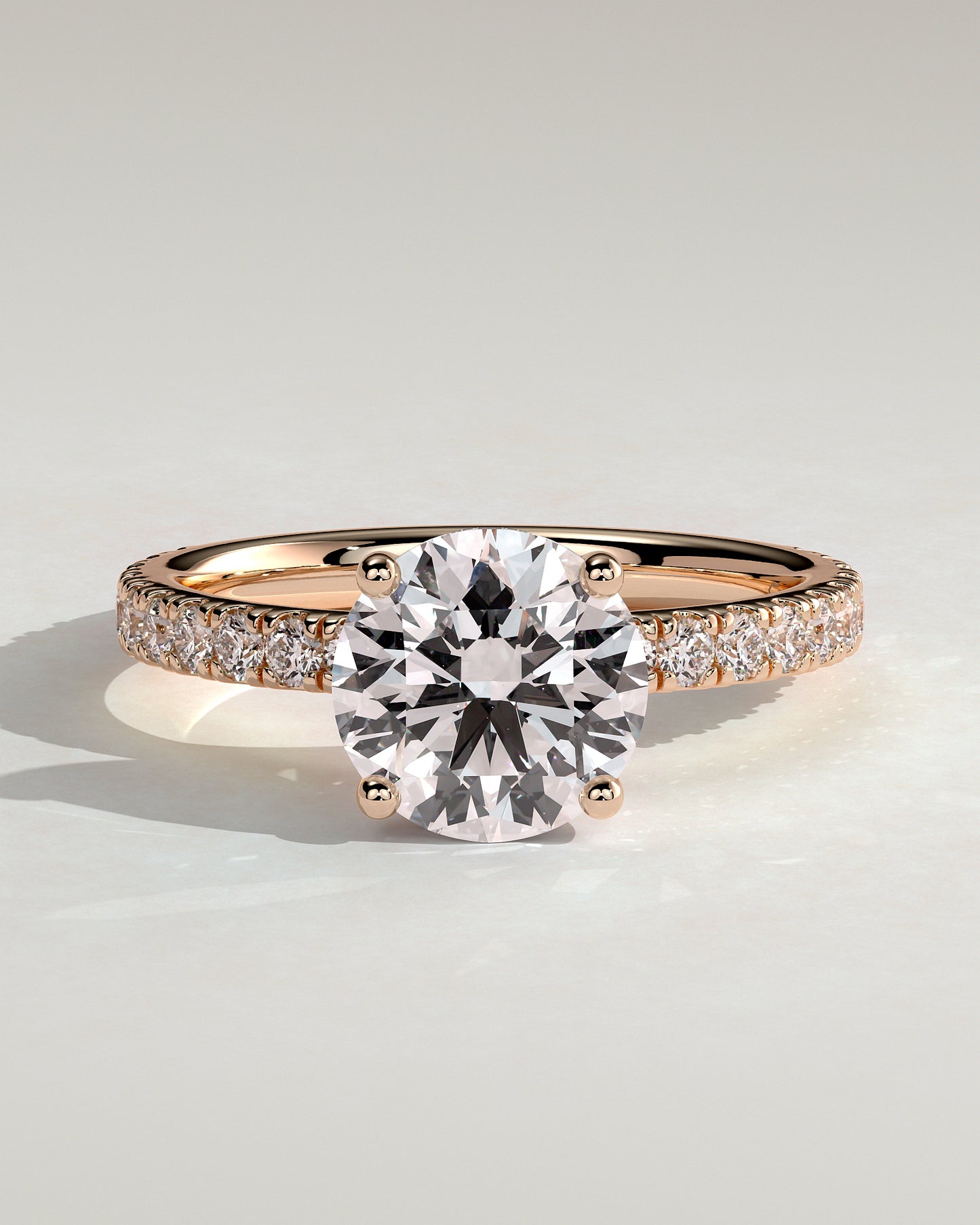 Charlie - Round Claw Solitaire with Hidden Halo and Pave Band Engagement Ring - Rose Gold - Rose Gold 2ct