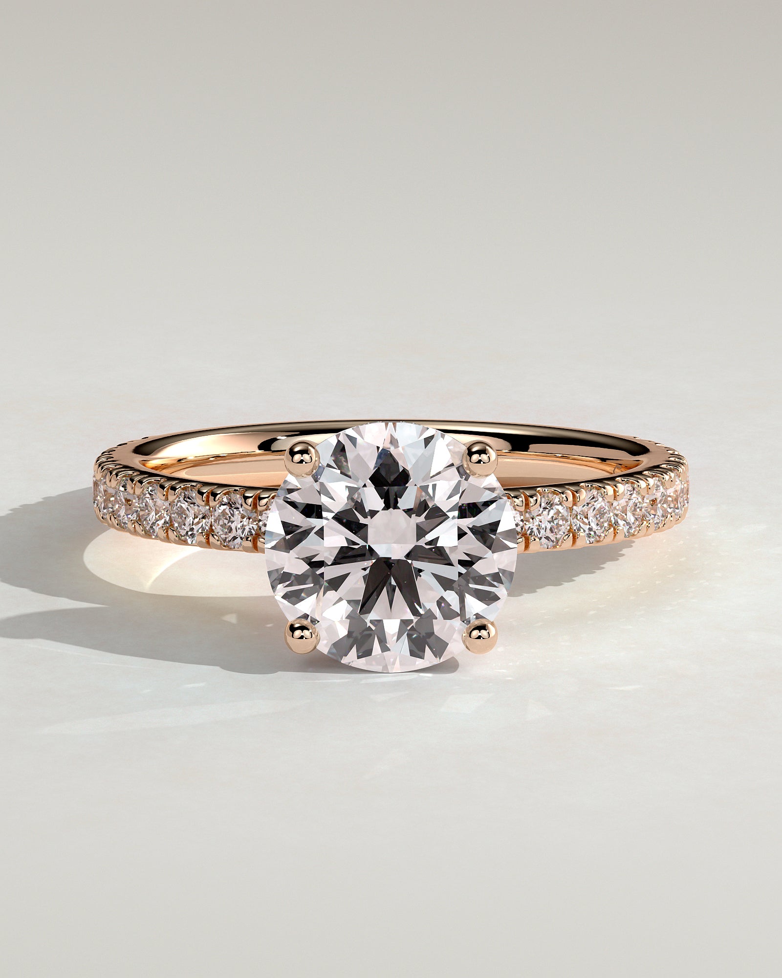 Charlie - Round Claw Solitaire with Hidden Halo and Pave Band Engagement Ring - Rose Gold - Rose Gold 2ct