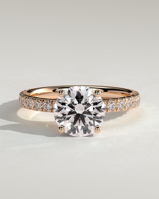 Charlie - Round Claw Solitaire with Hidden Halo and Pave Band Engagement Ring - Rose Gold