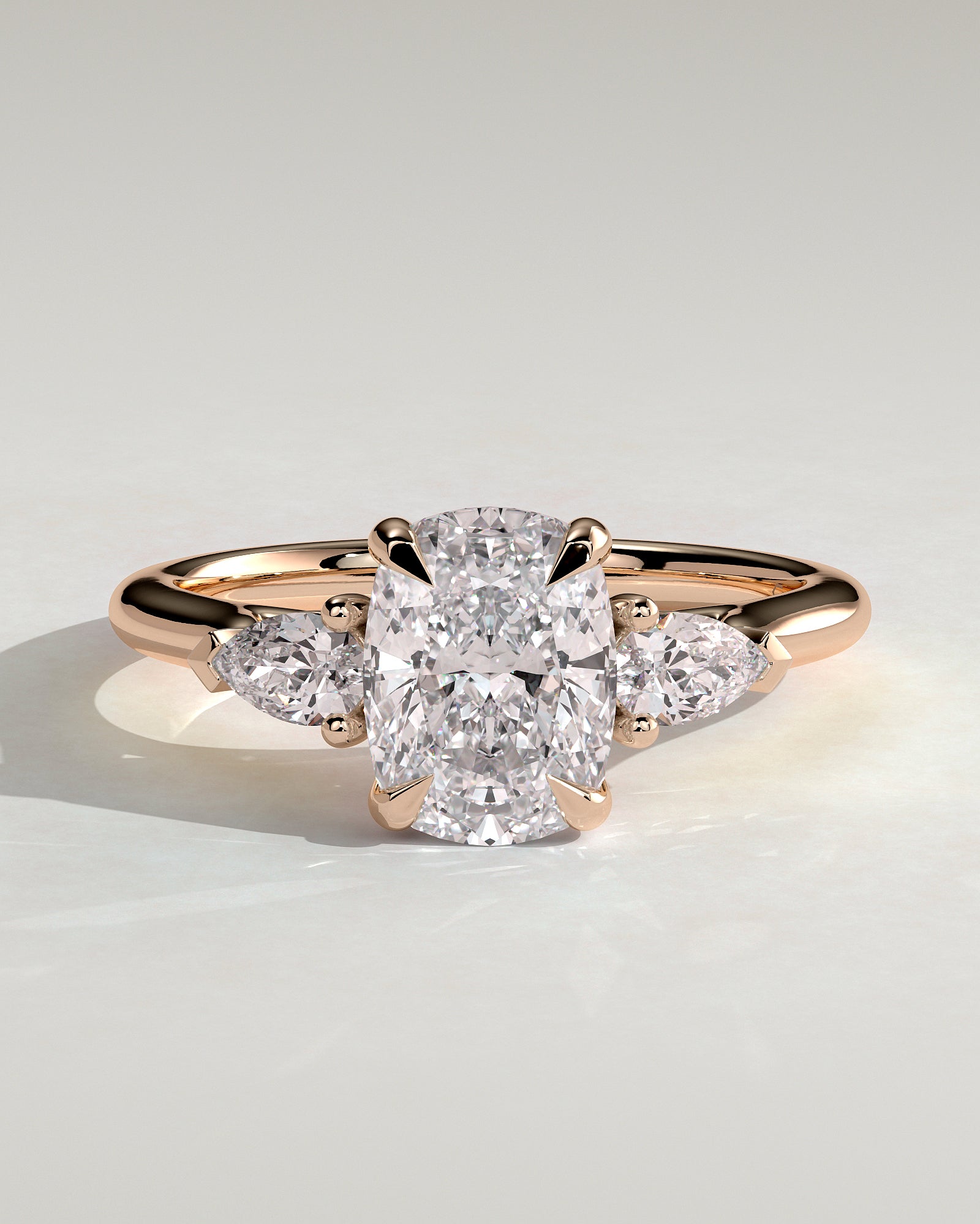 Cataleya - Elongated Cushion Claw Trilogy with Pear Side Stones and Cathedral Setting Engagement Ring - Rose Gold - Rose Gold 2ct