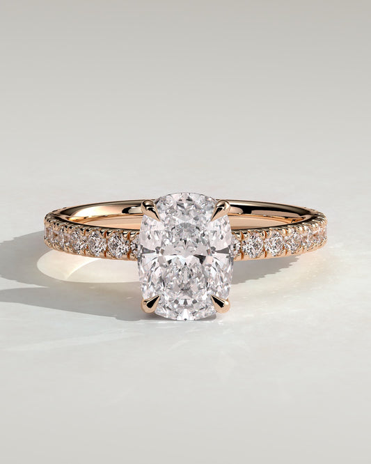 Camilla - Elongated Cushion Claw Solitaire with Hidden Halo and Pave Band Engagement Ring - Rose Gold