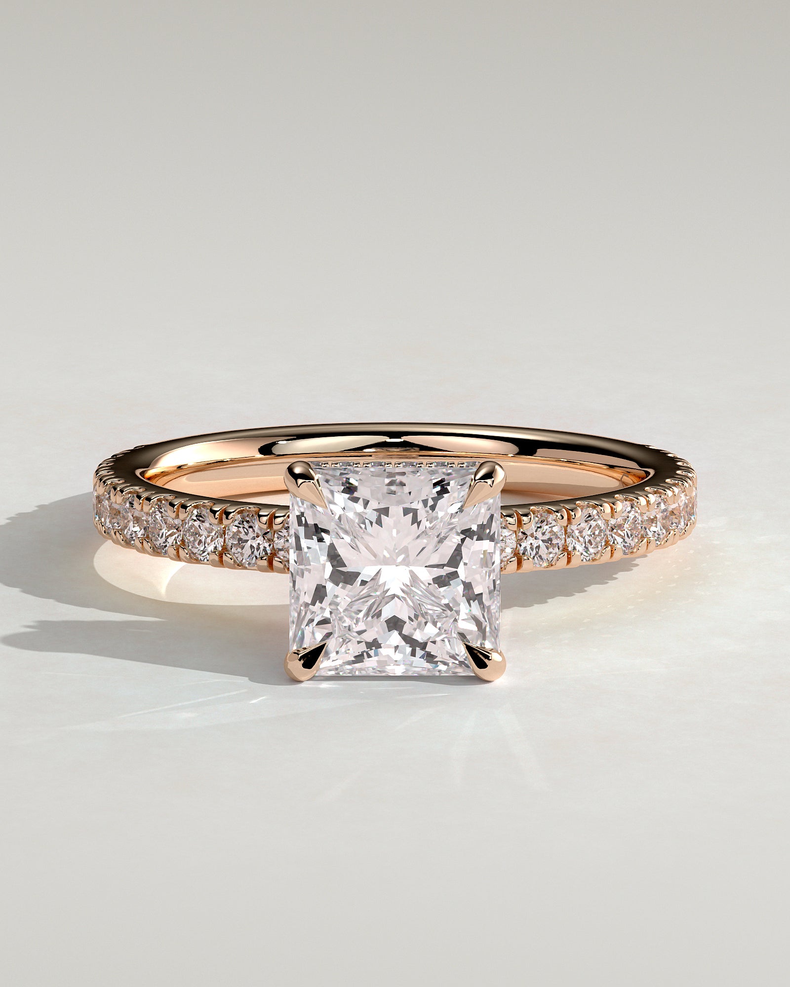 Brooklyn - Princess Claw Solitaire with Wrap Around Hidden Halo and Pave Band Engagement Ring - Rose Gold - Rose Gold 2ct