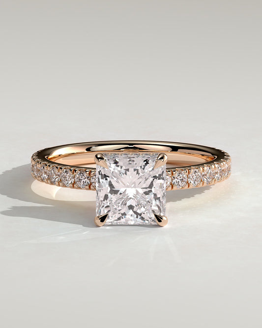 Brooklyn - Princess Claw Solitaire with Wrap Around Hidden Halo and Pave Band Engagement Ring - Rose Gold