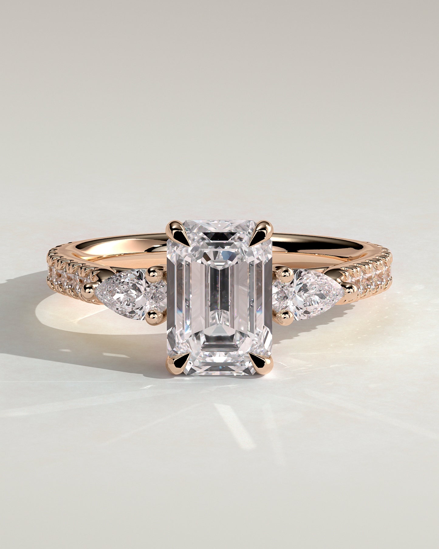 Autumn - Emerald Claw Trilogy with Pear Side Stones and Pave Band Engagement Ring - Rose Gold - Rose Gold 2ct