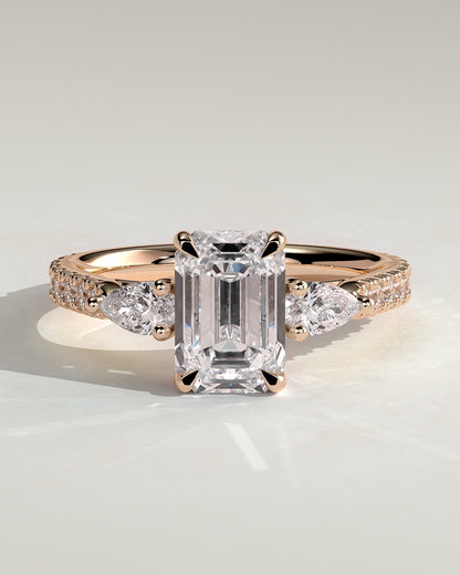 Autumn - Emerald Claw Trilogy with Pear Side Stones and Pave Band Engagement Ring - Rose Gold