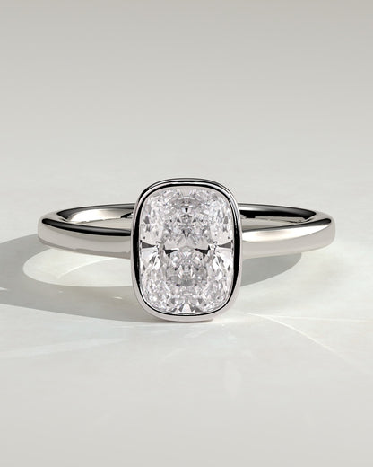Billie - Elongated Cushion Bezel Solitaire with Cathedral High Setting Engagement Ring - Platinum
