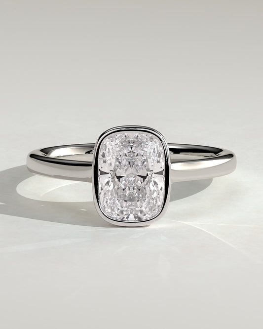 Billie - Elongated Cushion Bezel Solitaire with Cathedral High Setting Engagement Ring - Platinum
