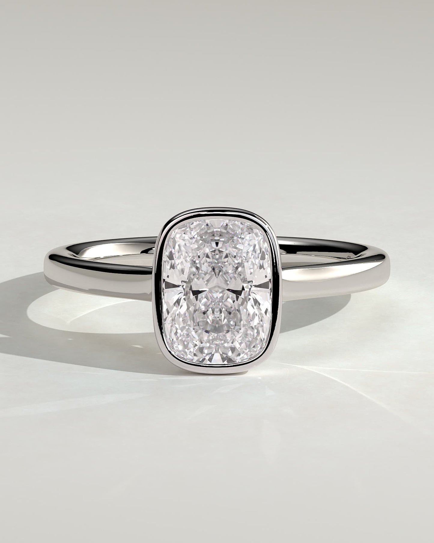 Billie - Elongated Cushion Bezel Solitaire with Cathedral High Setting Engagement Ring - White Gold