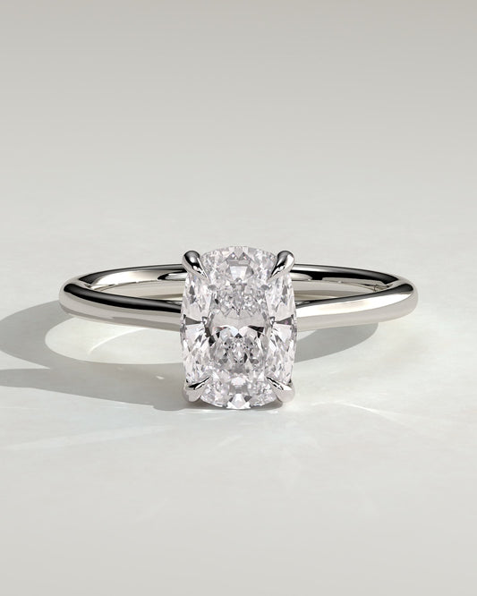 Wendy - Elongated Cushion Claw Solitaire with Hidden Halo, Tapered Band and Cathedral High Setting Engagement Ring - Platinum