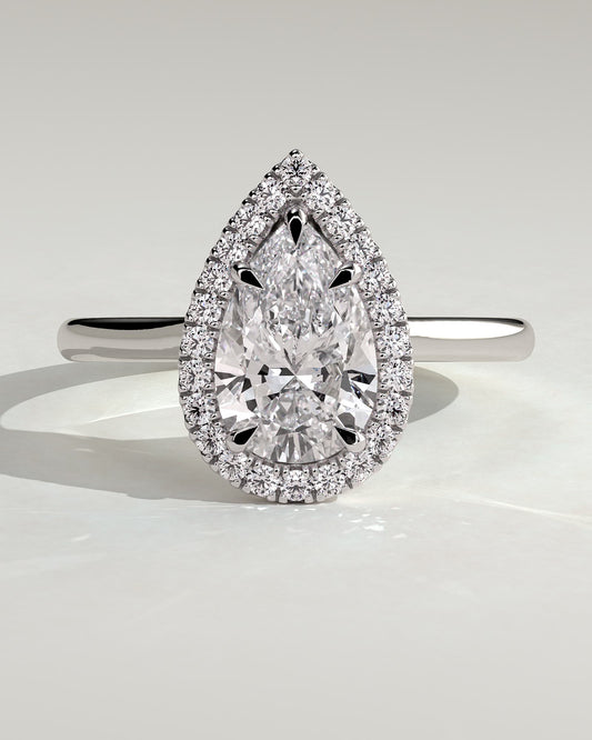 Viola - Pear Claw Solitaire with Halo and Cathedral High Setting Engagement Ring - White Gold