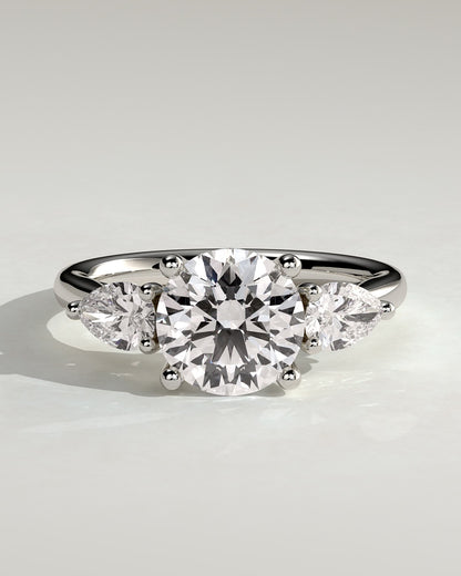 Adelyn - Round Claw Trilogy with Pear Side Stones and Open Trellis Gallery Engagement Ring - White Gold - white gold - Lara Jewels