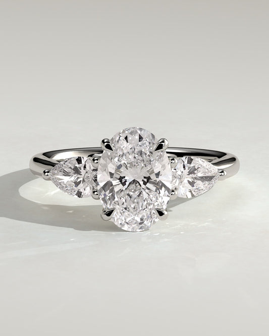 Amara - Oval Claw Trilogy with Pear Side Stones and Open Trellis Gallery Engagement Ring - White Gold - white gold - Lara Jewels