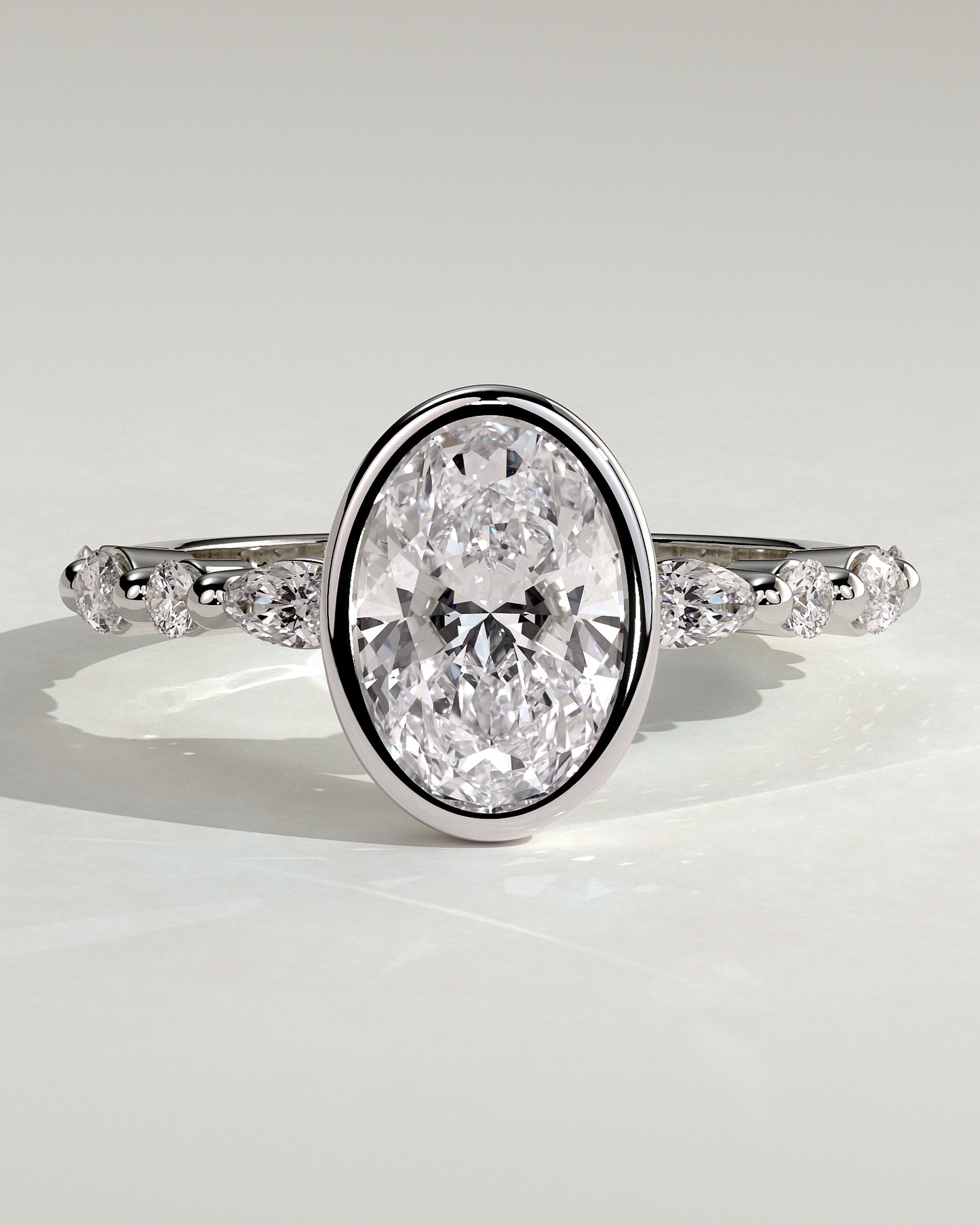 Aylin - Oval Bezel Solitaire with Marquise-Round Accent Stones Engagement Ring - Platinum - White Gold / Platinum 2ct