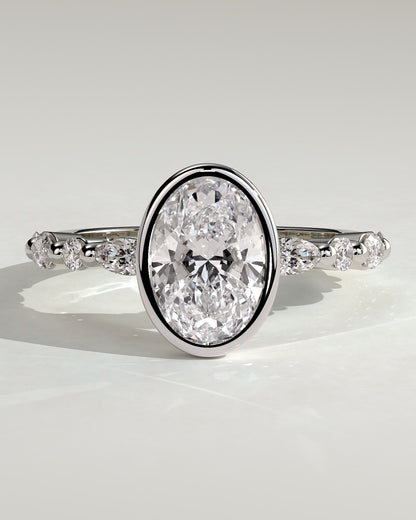 Aylin - Oval Bezel Solitaire with Marquise-Round Accent Stones Engagement Ring - Platinum