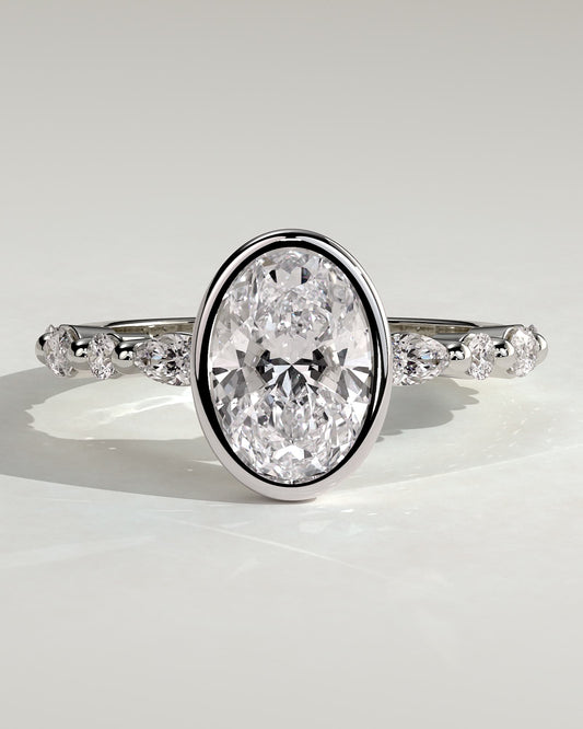 Aylin - Oval Bezel Solitaire with Marquise-Round Accent Stones Engagement Ring - White Gold
