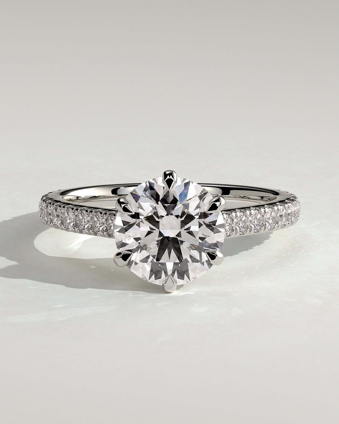 Briar - Round Claw Solitaire with Trellis Gallery, Pave Band and Cathedral Low Setting Engagement Ring - Platinum - White Gold / Platinum 2ct