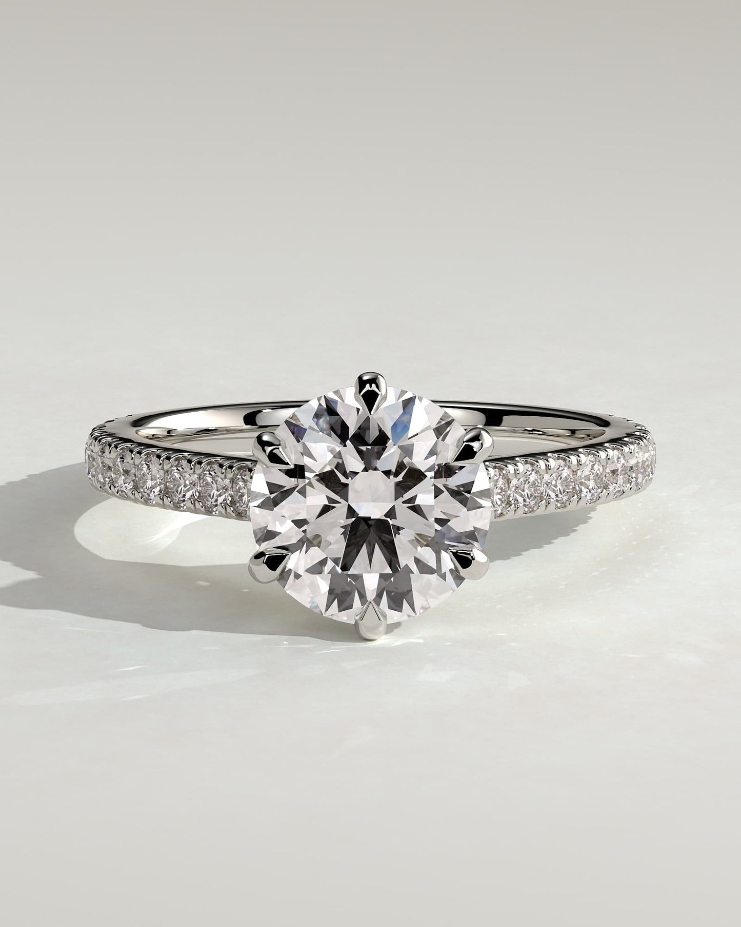 Briar - Round Claw Solitaire with Trellis Gallery, Pave Band and Cathedral Low Setting Engagement Ring - White Gold