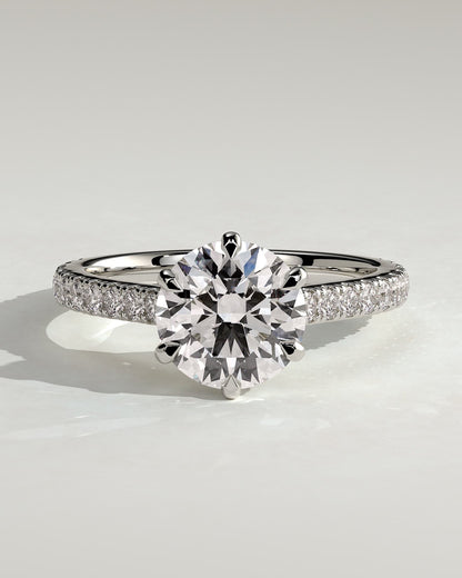 Briar - Round Claw Solitaire with Trellis Gallery, Pave Band and Cathedral Low Setting Engagement Ring - White Gold
