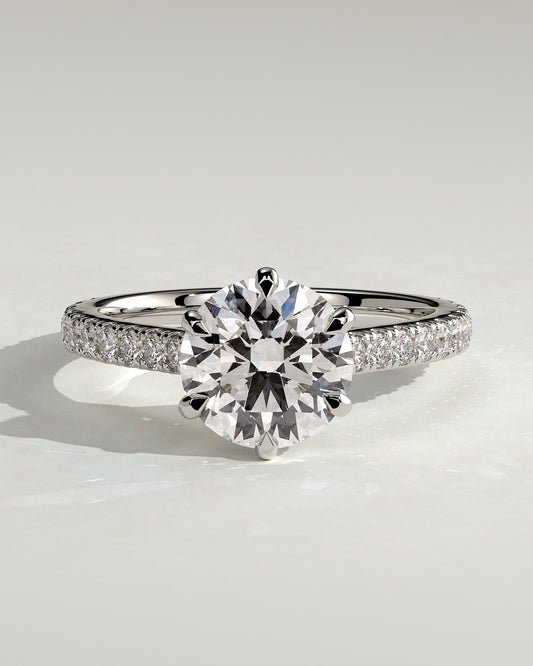 Briar - Round Claw Solitaire with Trellis Gallery, Pave Band and Cathedral Low Setting Engagement Ring - White Gold