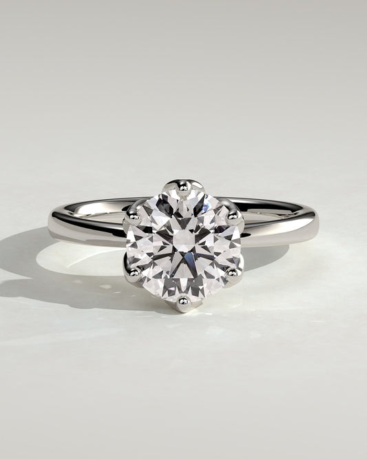 Tessa - Round Claw Solitaire with Petal Gallery and Tapered Band Engagement Ring - White Gold
