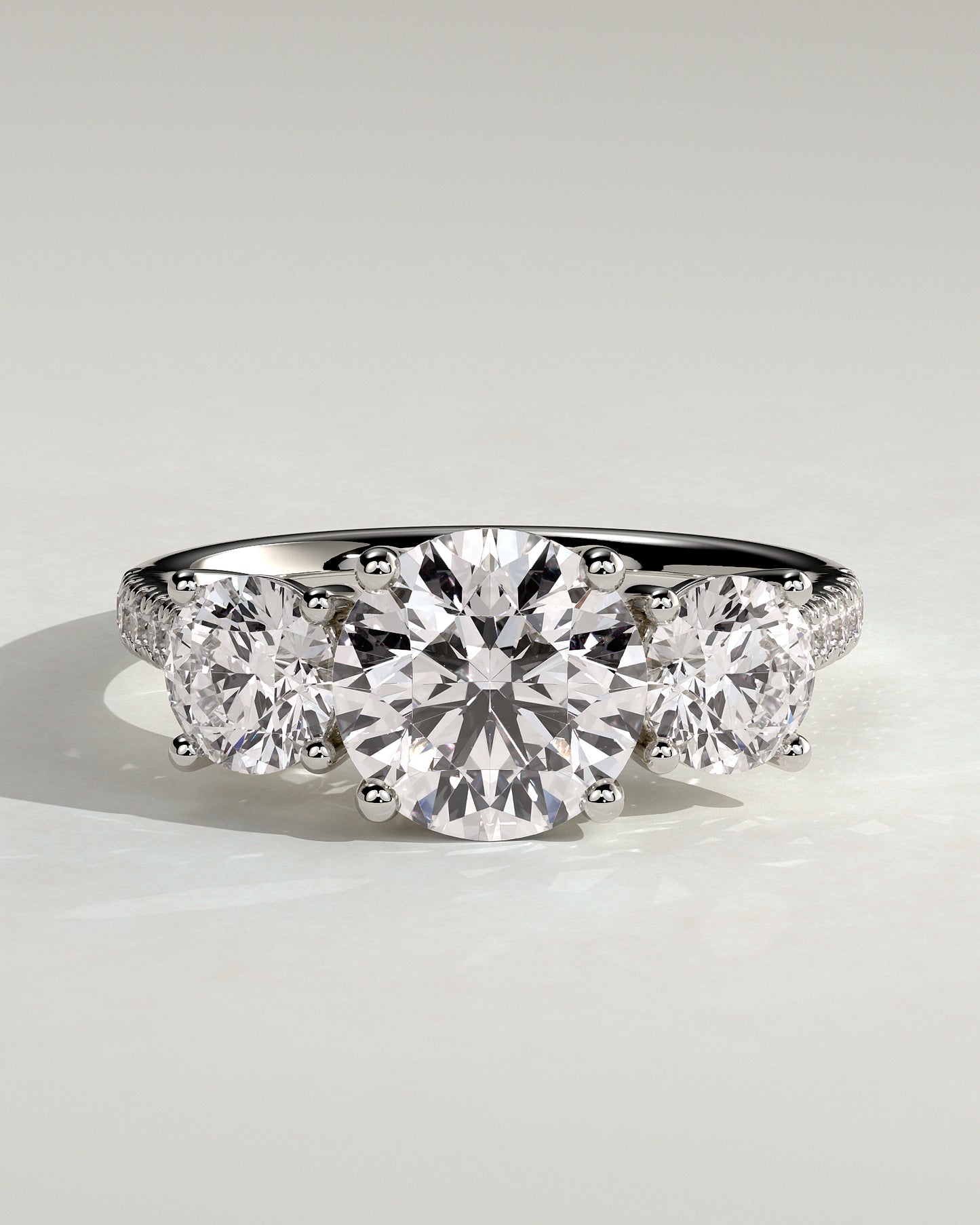 Ella - Round Claw Trilogy with Round Side Stones, Pave Band and Trellis Gallery  Engagement Ring - Platinum - White Gold / Platinum 2ct