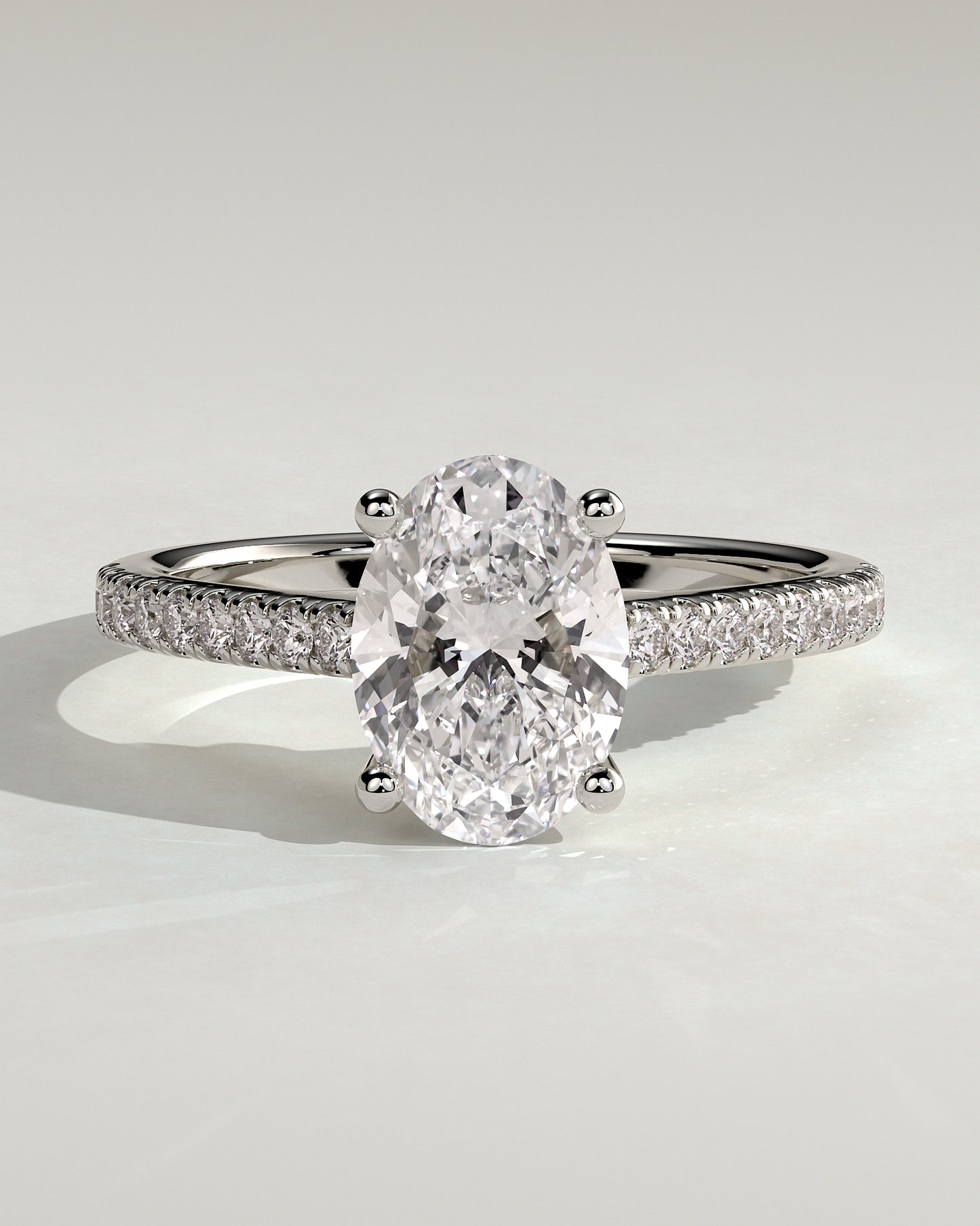 Eloise - Oval Claw Solitaire with Pave Band and Solid Cathedral Low Setting Engagement Ring - Platinum - White Gold / Platinum 2ct