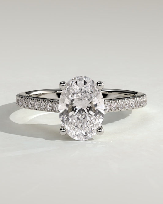 Eloise - Oval Claw Solitaire with Pave Band and Solid Cathedral Low Setting Engagement Ring - Platinum