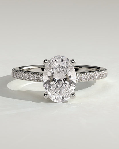 Eloise - Oval Claw Solitaire with Pave Band and Solid Cathedral Low Setting Engagement Ring - White Gold