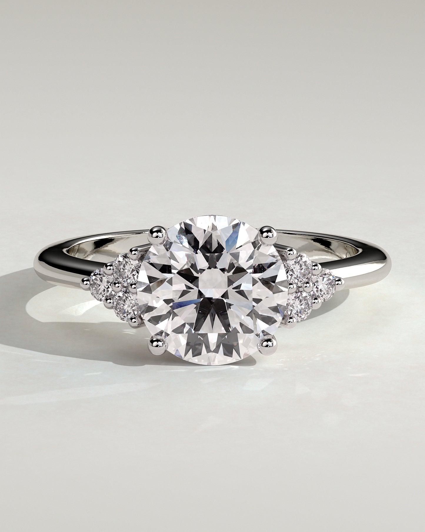 Greta - Round Claw Solitaire with Round Shoulder Stones Engagement Ring - Platinum - White Gold / Platinum 2ct