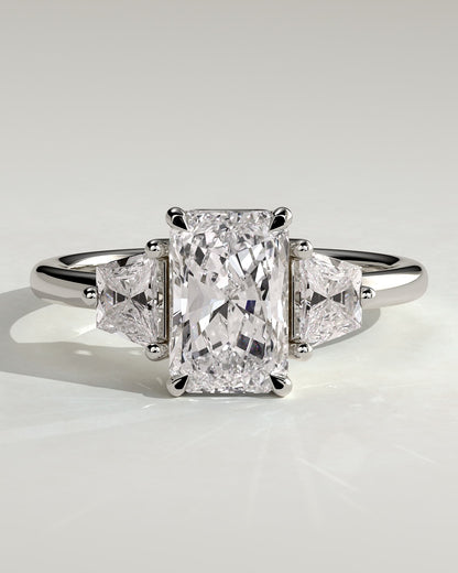Juliette - Radiant Claw Trilogy with Trapezoid Side Stones and Low Setting Engagement Ring - White Gold