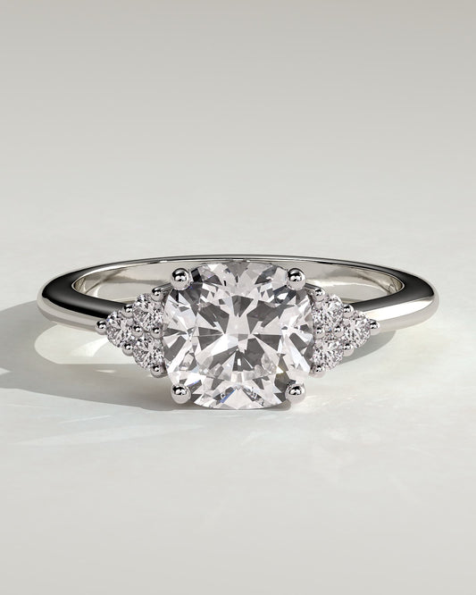 Lena - Cushion Claw Solitaire with Round Shoulder Stones Engagement Ring - White Gold
