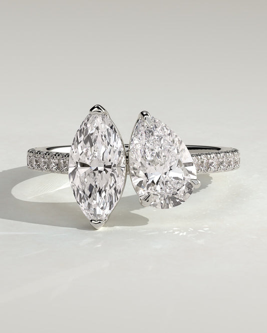Noa - Marquise and Pear Claw Toi et Moi with Pave Band and Cathedral High Setting Engagement Ring - White Gold