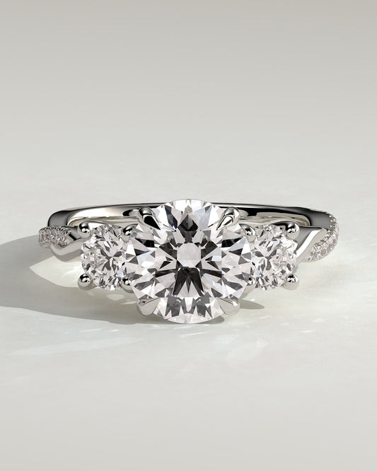 Jaylene - Round Claw Trilogy with Round Side Stones, Twisted Pave Band and Trellis Gallery Engagement Ring - White Gold