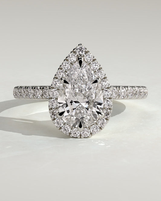 Kirsten - Pear Claw Solitaire with Pave Band and Halo and Low Setting Engagement Ring - White Gold