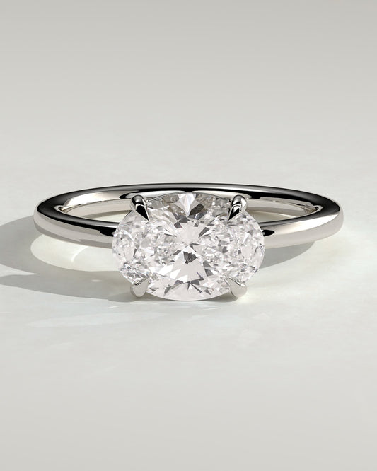 Mabeline - Oval East West Claw Solitaire with Raised Basket Gallery Engagement Ring - White Gold