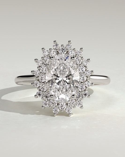 Savannah - Oval Claw Solitaire with Double Sunburst Halo and Cathedral High Setting Engagement Ring - Platinum