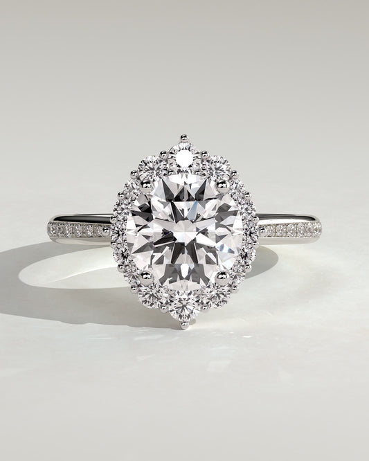 Jessica - Round Claw Solitaire with Graduating Halo and Bead Set Micropave and Tapered Band Engagement Ring - White Gold