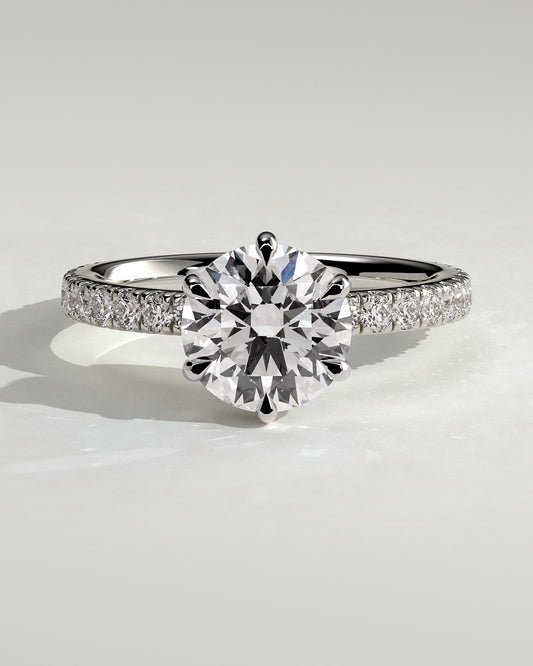 Siobhan - Round Claw Solitaire with Hidden Halo, Pave Collar and Pave Band Engagement Ring - White Gold