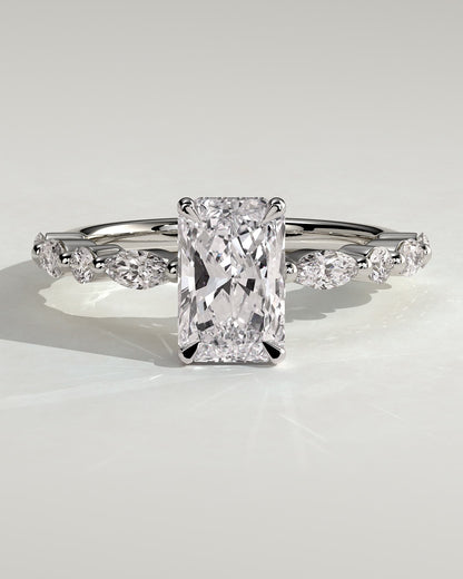 Kyla - Radiant Claw Solitaire with Marquise-Round Accent Stones and Wrap Around Hidden Halo Engagement Ring - White Gold