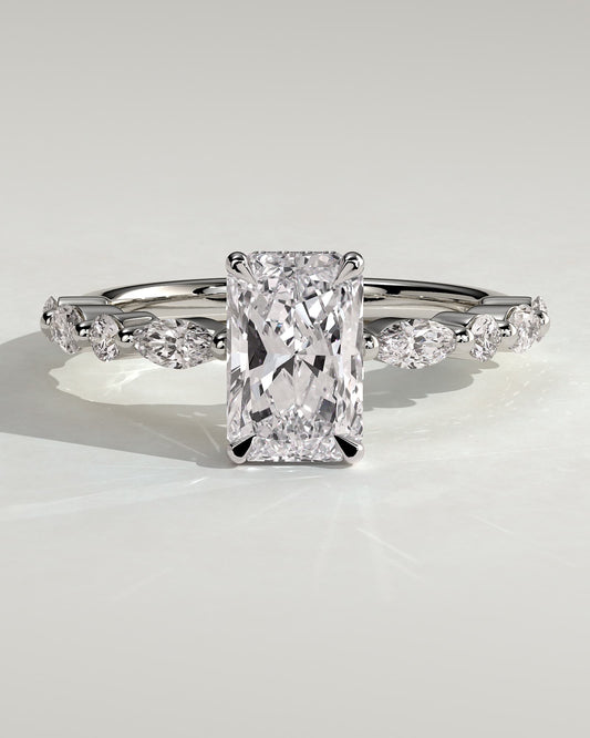 Kyla - Radiant Claw Solitaire with Marquise-Round Accent Stones and Wrap Around Hidden Halo Engagement Ring - White Gold