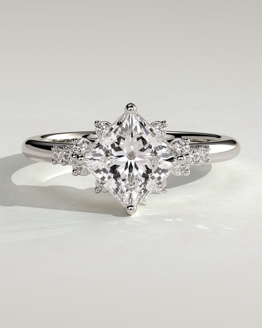Sophia - Princess Claw Solitaire with Angled Setting and Clustered Round Shoulder Stones Engagement Ring - Platinum