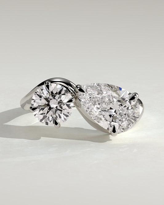 Noor - Round and Pear Claw Toi et Moi with Wave Band Engagement Ring - Platinum
