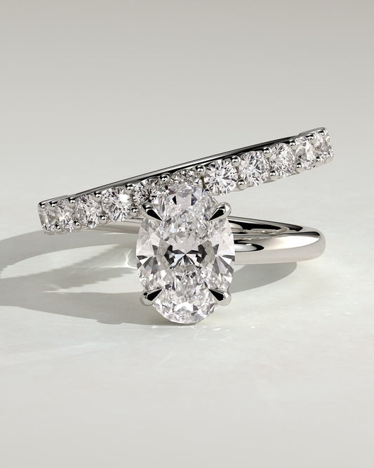 Sevela - Oval Claw Solitaire with Angled Pave Band-and-a-Half Engagement Ring - White Gold