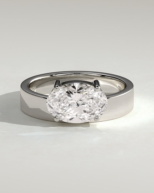 Soraya - Oval Offset East West Claw Solitaire with Flat Cigar Band  Engagement Ring - White Gold