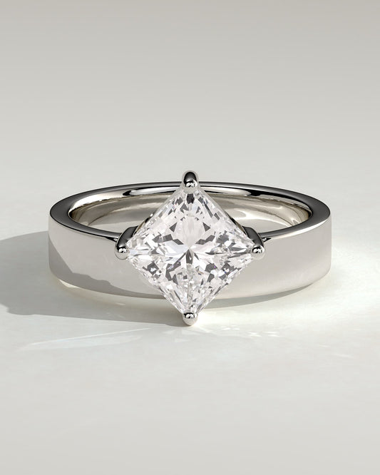Vicki - Asscher Claw Solitaire with Offset Setting and Flat Cigar Band Engagement Ring - Platinum