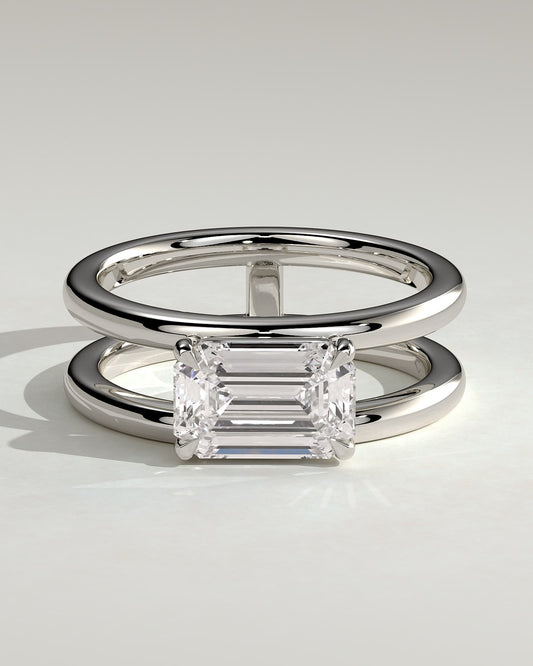 Devon - Emerald East West Claw Solitaire with Spaced Double Band Engagement Ring - Platinum