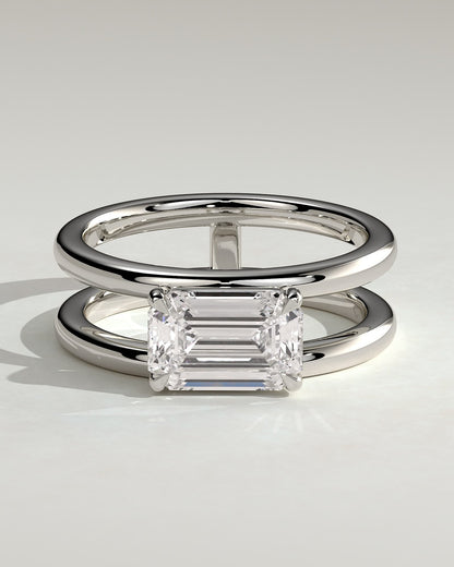 Devon - Emerald East West Claw Solitaire with Spaced Double Band Engagement Ring - White Gold